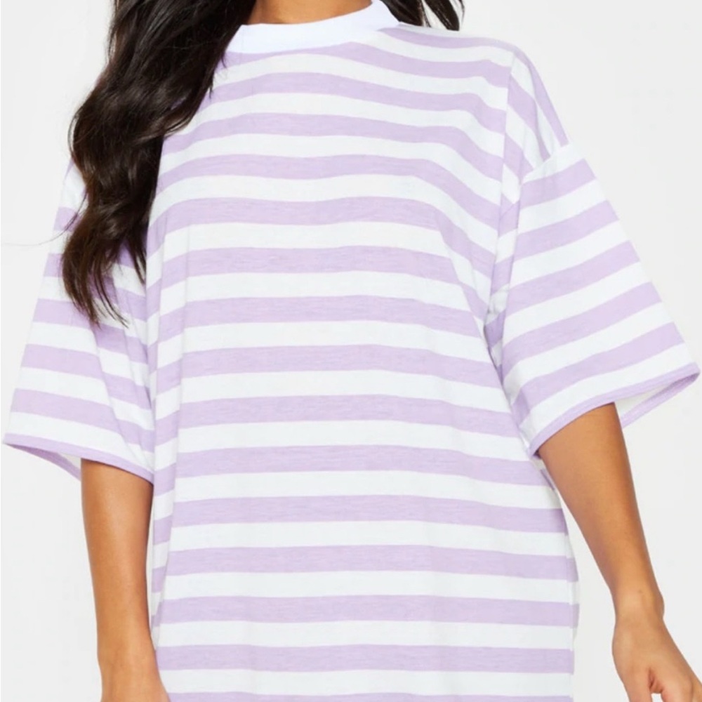 PrettyLittleThing Lavender and White Striped Oversized Tshirt Dress